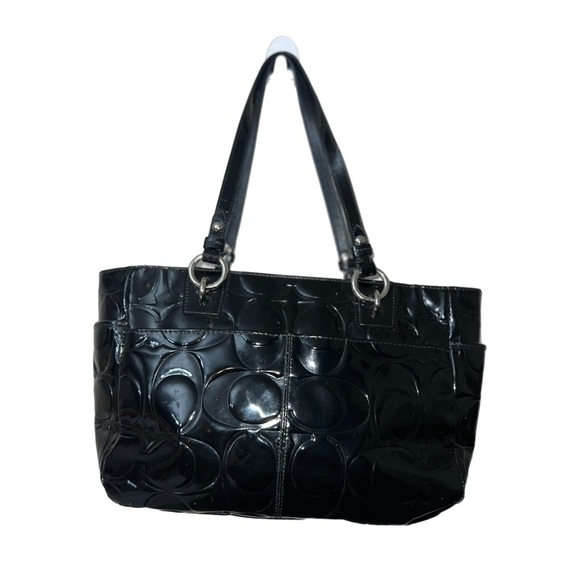 Coach F17728 Black Leather Floral Embossed Tote - Picture 2 of 7